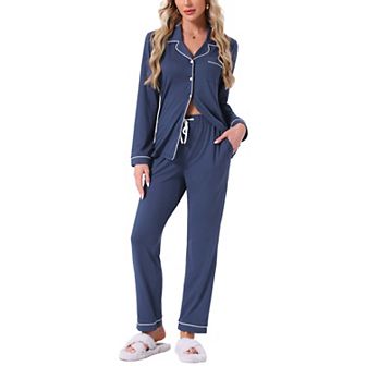 Women's Button Down Long Sleeve Sleepwear Drawstring Pants with Pockets Pajamas Set