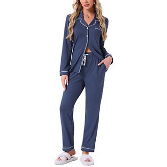 Women's Button Down Long Sleeve Sleepwear Drawstring Pants with Pockets Pajamas Set