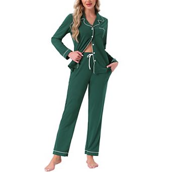 Women's Button Down Long Sleeve Sleepwear Drawstring Pants with Pockets Pajamas Set