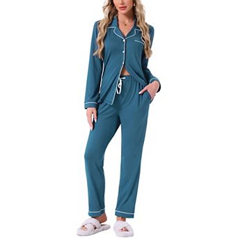 Women's Button Down Long Sleeve Sleepwear Drawstring Pants with Pockets Pajamas Set