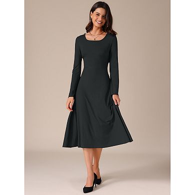 Women's Knit Midi Dress A-Line Square Neck Long Sleeve Dresses
