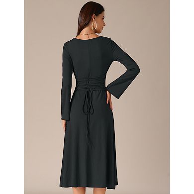 Women's Knit Midi Dress A-Line Square Neck Long Sleeve Dresses