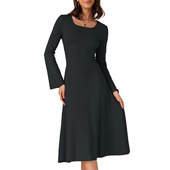 Women's Knit Midi Dress A-Line Square Neck Long Sleeve Dresses