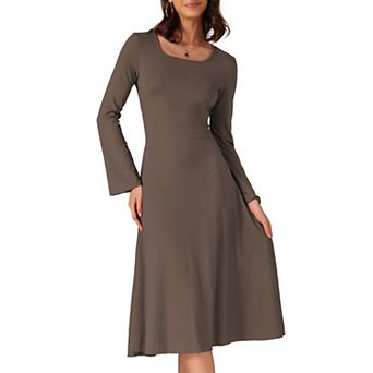 Women's Knit Midi Dress A-Line Square Neck Long Sleeve Dresses