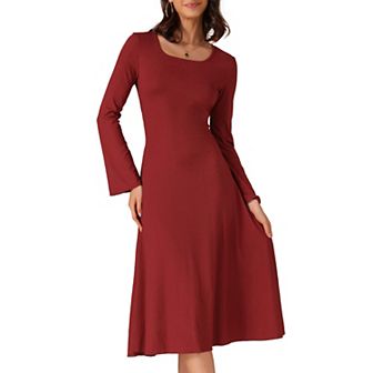 Women's Knit Midi Dress A-Line Square Neck Long Sleeve Dresses