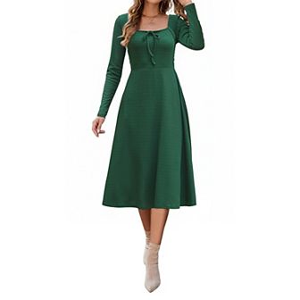 Square Neck Dress for Women Long Sleeve A-Line High Waist Knitted Dresses with Pocket