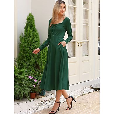 Square Neck Dress for Women Long Sleeve A-Line High Waist Knitted Dresses with Pocket