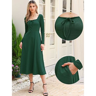 Square Neck Dress for Women Long Sleeve A-Line High Waist Knitted Dresses with Pocket