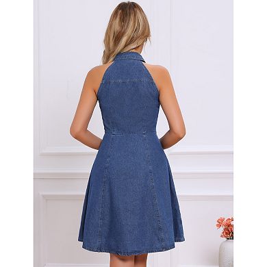 Denim Dresses for Women's Lightweight Casual Jeans Halter Neck Dresses