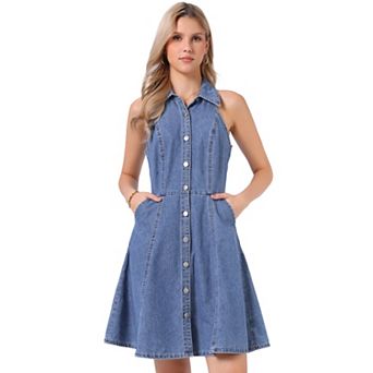 Denim Dresses for Women's Lightweight Casual Jeans Halter Neck Dresses