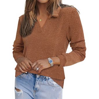 Lapel Collar Polo Sweater for Women's Casual V Neck Long Sleeve Pullover Knitted Tops
