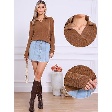 Lapel Collar Polo Sweater for Women's Casual V Neck Long Sleeve Pullover Knitted Tops