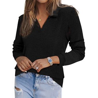 Lapel Collar Polo Sweater for Women's Casual V Neck Long Sleeve Pullover Knitted Tops