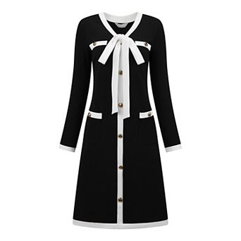 Women's Elegant A-Line Dress Contrast Color V Neck Long Sleeve Trendy Work Dresses