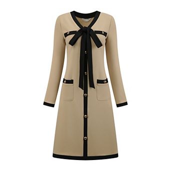 Women's Elegant A-Line Dress Contrast Color V Neck Long Sleeve Trendy Work Dresses