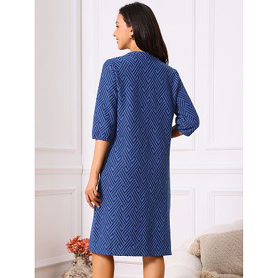 Women's Fall Dresses Casual 3/4 Sleeve V Neck Zigzag Print Loose Knee Length Dress with Pockets