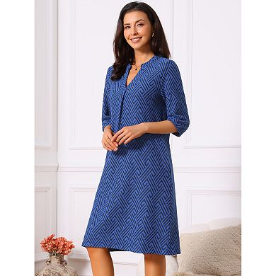 Women's Fall Dresses Casual 3/4 Sleeve V Neck Zigzag Print Loose Knee Length Dress with Pockets