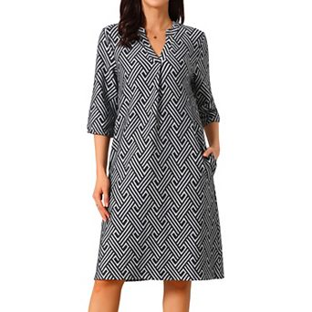 Women's Fall Dresses Casual 3/4 Sleeve V Neck Zigzag Print Loose Knee Length Dress with Pockets