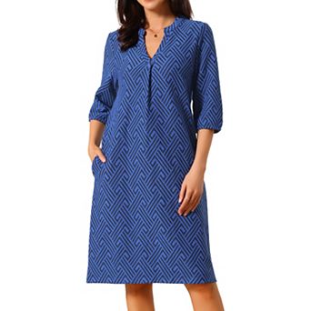 Women's Fall Dresses Casual 3/4 Sleeve V Neck Zigzag Print Loose Knee Length Dress with Pockets