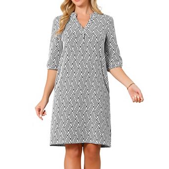 Women's Fall Dresses Casual 3/4 Sleeve V Neck Zigzag Print Loose Knee Length Dress with Pockets