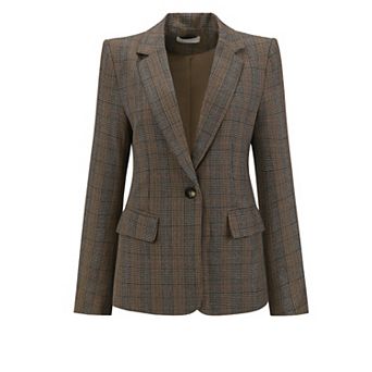 Women's Houndstooth Blazer Work Business Plaid Suit Jacket
