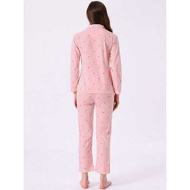 Women's Lounge Cotton Button Up Cute Pattern Print Long Sleeve Notched Collar Pants Set with Pockets