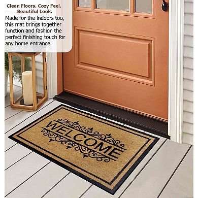Gardenised Heavy Duty Coco Coir Doormat with Non Slip PVC Baking Embossed Welcome Design Coconut