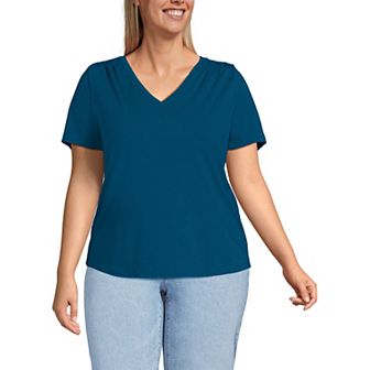 Plus Size Lands' End Short Sleeve Lightweight Jersey Gathered Shoulder T-Shirt