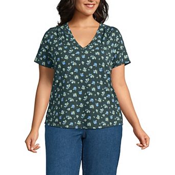 Plus Size Lands' End Short Sleeve Lightweight Jersey Gathered Shoulder T-Shirt