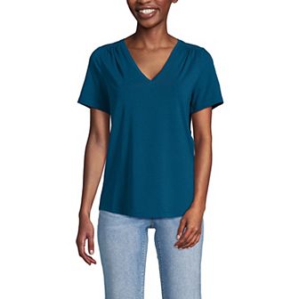 Women's Lands' End Short Sleeve Lightweight Jersey Gathered Shoulder T-Shirt