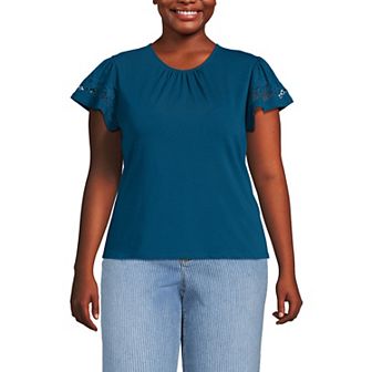 Plus Size Lands' End Lightweight Jersey Crew Neck Ruffle Sleeve Flowy Top