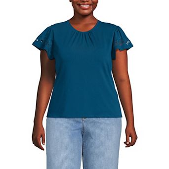 Plus Size Lands' End Lightweight Jersey Crew Neck Ruffle Sleeve Flowy Top