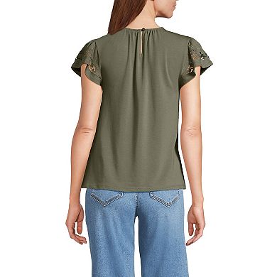 Women's Lands' End Lightweight Jersey Crew Neck Ruffle Sleeve Flowy Top
