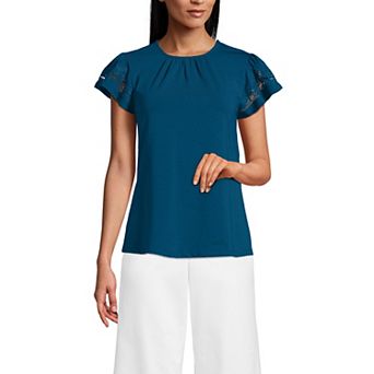 Women's Lands' End Lightweight Jersey Crew Neck Ruffle Sleeve Flowy Top