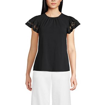 Women's Lands' End Lightweight Jersey Crew Neck Ruffle Sleeve Flowy Top