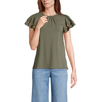 Women's Lands' End Lightweight Jersey Crew Neck Ruffle Sleeve Flowy Top