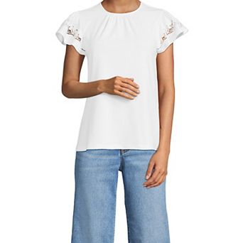 Women's Lands' End Lightweight Jersey Crew Neck Ruffle Sleeve Flowy Top