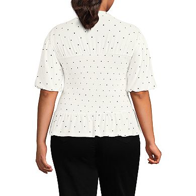 Plus Size Lands' End Short Sleeve Silk Knit Bubble Sleeve Smocked Mock Neck Top