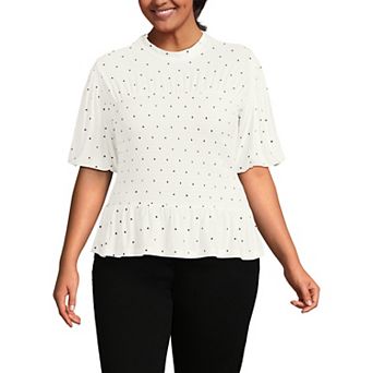 Plus Size Lands' End Short Sleeve Silk Knit Bubble Sleeve Smocked Mock Neck Top