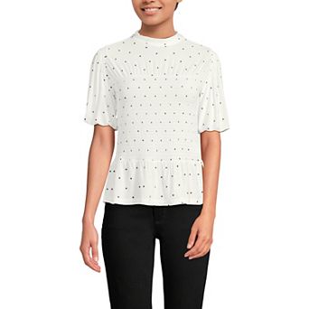Women's Lands' End Short Sleeve Silk Knit Bubble Sleeve Smocked Mock Neck Top