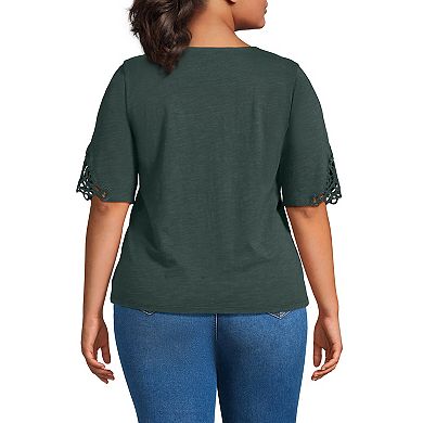 Plus Size Lands' End Elbow Sleeve Slub Lace Trim T-Shirt