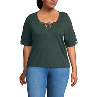 Plus Size Lands' End Elbow Sleeve Slub Lace Trim T-Shirt