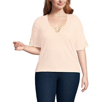 Plus Size Lands' End Elbow Sleeve Slub Lace Trim T-Shirt
