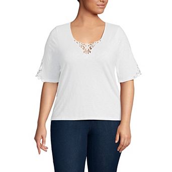 Plus Size Lands' End Elbow Sleeve Slub Lace Trim T-Shirt