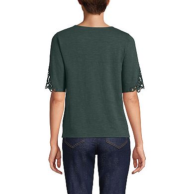 Women's Lands' End Elbow Sleeve Slub Lace Trim T-Shirt