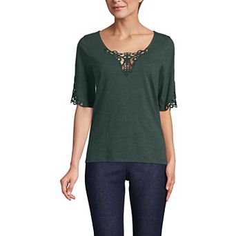 Women's Lands' End Elbow Sleeve Slub Lace Trim T-Shirt