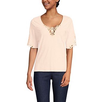 Women's Lands' End Elbow Sleeve Slub Lace Trim T-Shirt