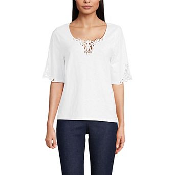 Women's Lands' End Elbow Sleeve Slub Lace Trim T-Shirt