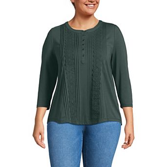 Plus Size Lands' End 3/4 Sleeve Embellished Button Front Top