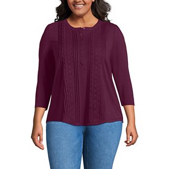 Plus Size Lands' End 3/4 Sleeve Embellished Button Front Top